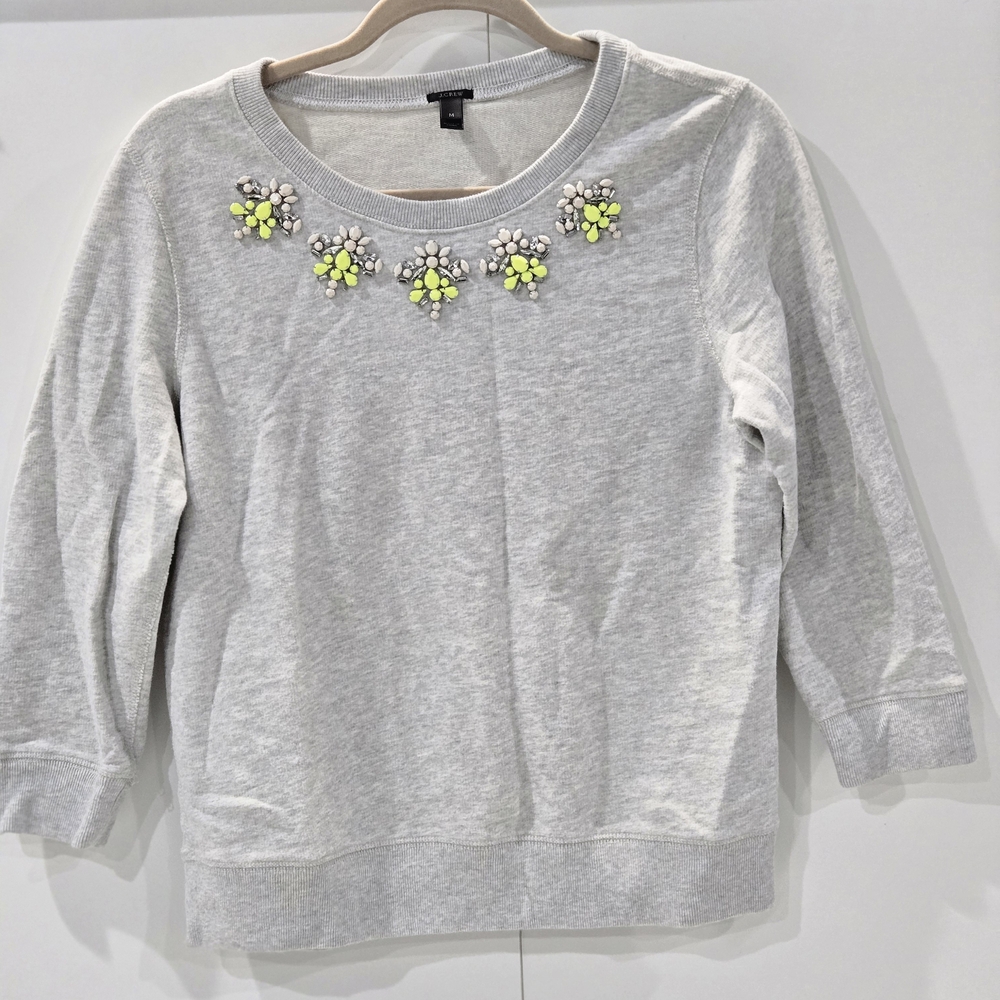 Millenial JCrew Gray Sweatshirt Neon Yellow Jeweled Neckline Embellishment M - Picture 2 of 7